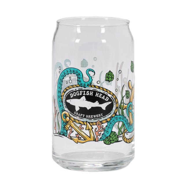 The Under the Sea Can Glass by Grandstand Glassware & Apparel is a clear 16oz beer glass with vibrant underwater plants and a teal octopus—ideal for any under the sea or can glass collection.