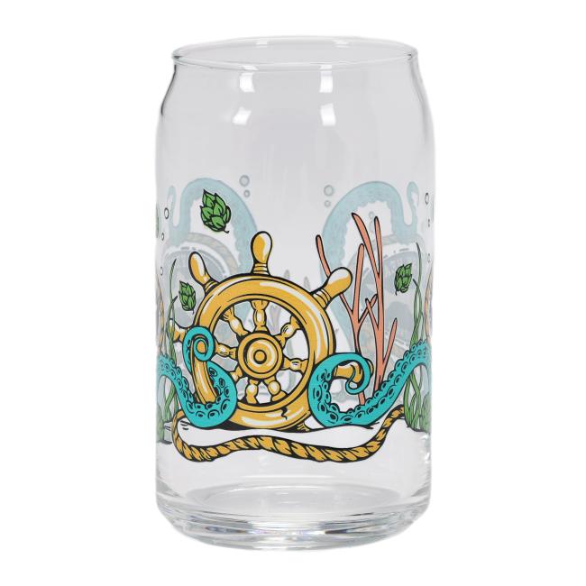 The Under the Sea Can Glass by Grandstand Glassware & Apparel is a clear 16oz soda can-shaped beer glass featuring a nautical design with a yellow ship wheel, green seaweed, and a blue tentacled creature—ideal for ocean-themed collections.