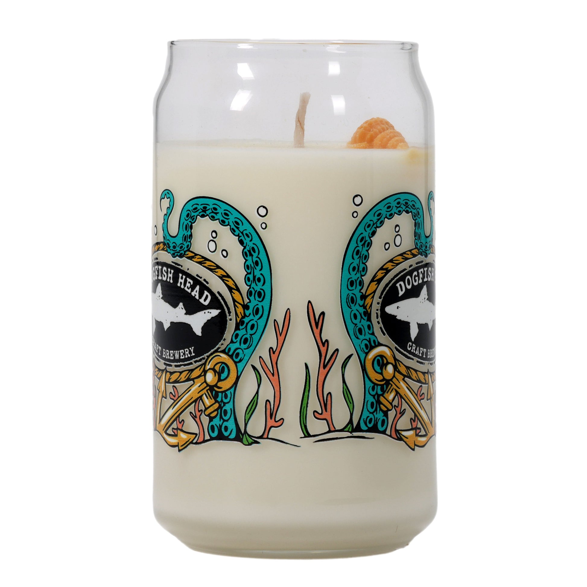 Brighten your space with the Under the Sea Can Glass Candle by Unwined Candles, LLC. Shaped like a beer can, it features an underwater design with tentacles, anchor, seaweed, and offers a refreshing ocean scent.