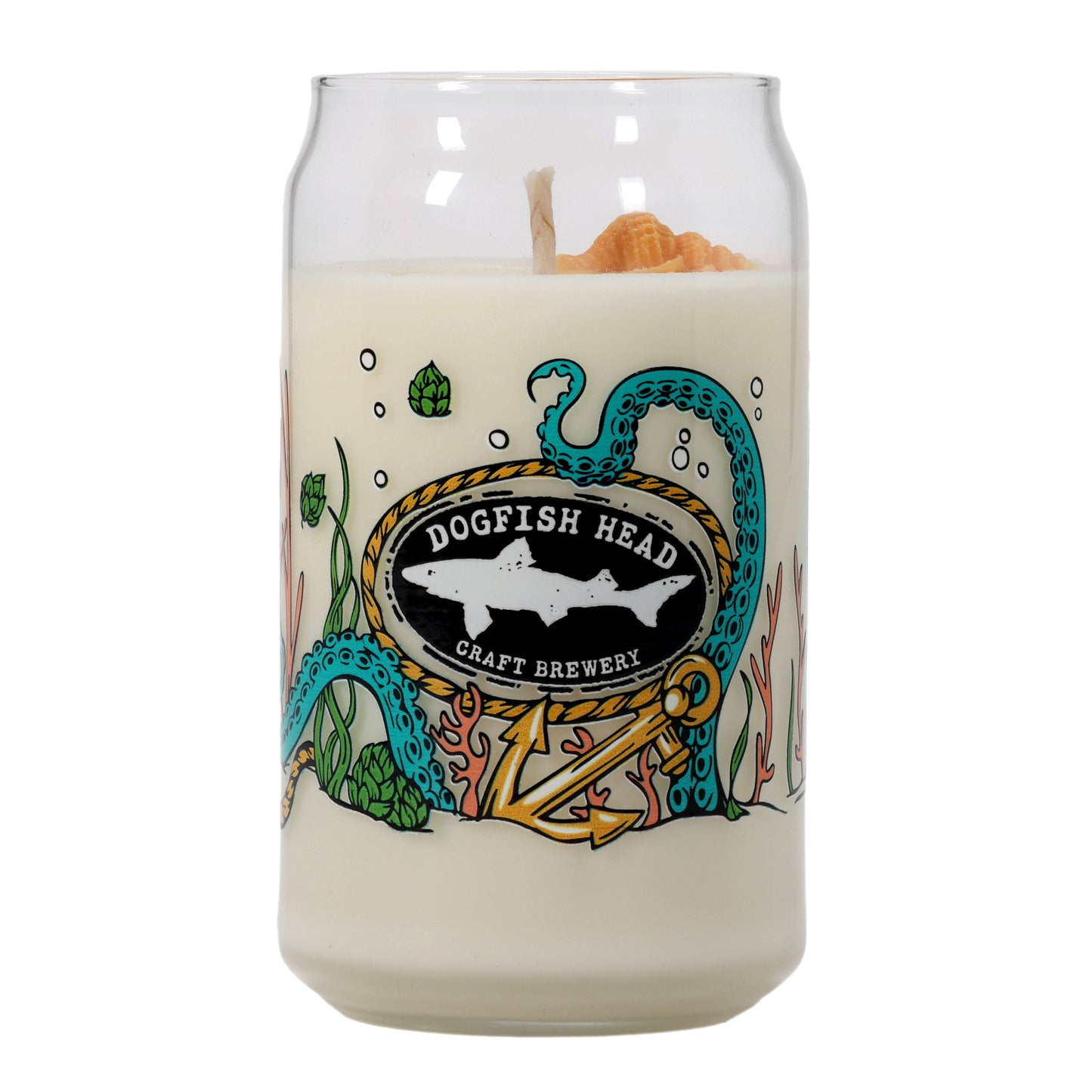 The Under the Sea Can Glass Candle by Unwined Candles, LLC is shaped like a beer can and features colorful underwater illustrations—perfect for ocean scent candle fans.