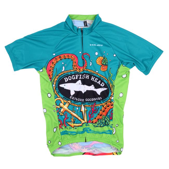 The Voler Underwater Bike Jersey is a vibrant cycling top with turquoise and green sleeves, featuring an octopus, seaweed, and a Dogfish Head logo with a shark at the center.