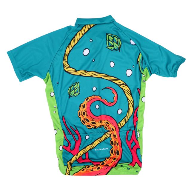 The Voler Underwater Bike Jersey is a USA-made cycling top featuring a bold, playful design with a red octopus tentacle, yellow rope, green hops, bubbles, and vibrant blue-green background.