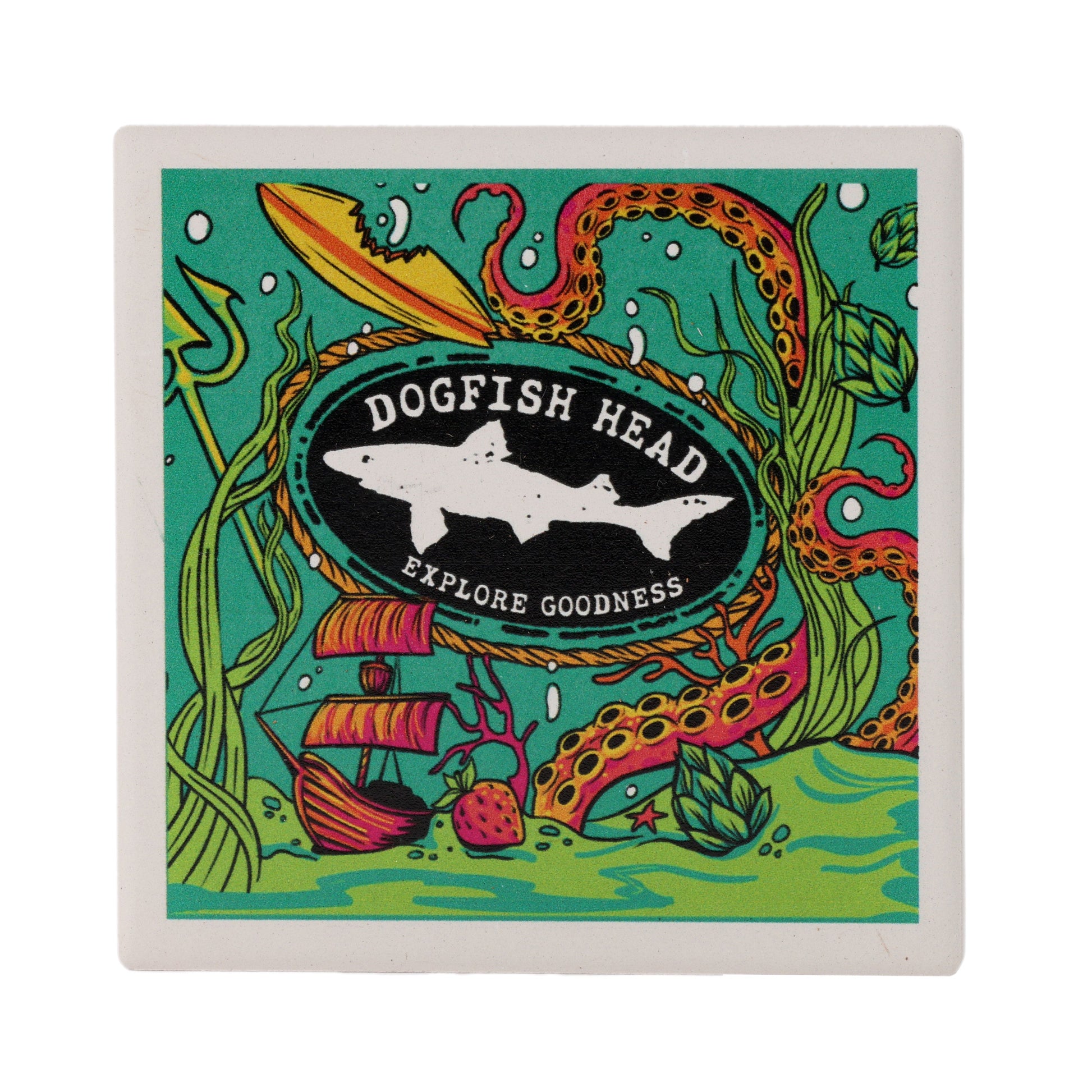Vibrant underwater scene featuring seaweed, ship, tentacles, and surfboard with a central black oval logo and three fish silhouettes. The Paint the Town, Inc. Underwater Ceramic Coaster has an absorbent surface and cork backing.
