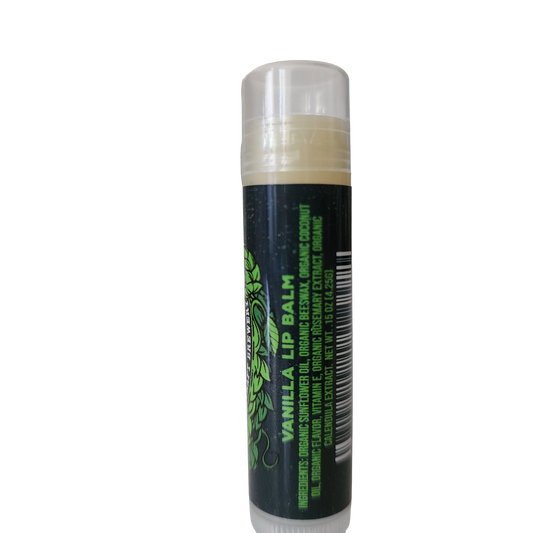 A clear tube of Ecolips Vanilla Lip Balm with a black and green label stands upright against a white background. The label displays the product name and ingredients in green and yellow text.