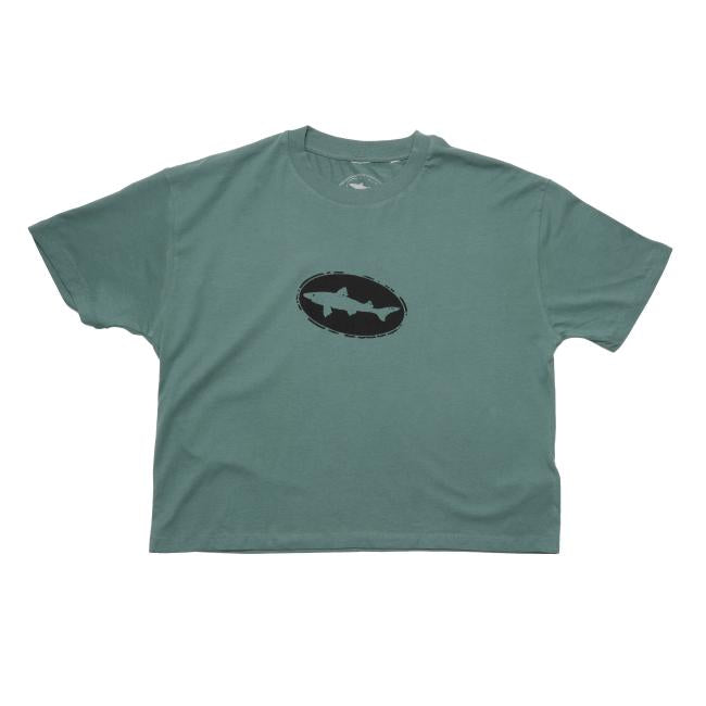 The W Green Delaware Logo Short Sleeve Tee by GO WEST T-SHIRT COMPANY is an organic cotton crop top in green, featuring a black oval with a shark silhouette graphic at the center, shown on a white background.