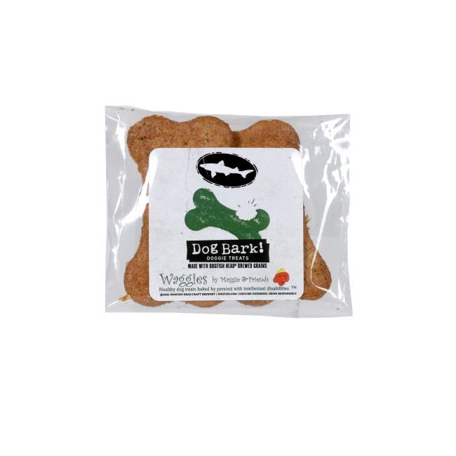 A clear plastic package of Waggies by Maggie & Friends Inc Waggies 2-Pack Dog Treats, featuring bone shapes, all-natural ingredients, a green bone graphic, and a fish silhouette. Labeled “Dog Bark! Doggie Treats—Made with Oregon Meat Blend.”.