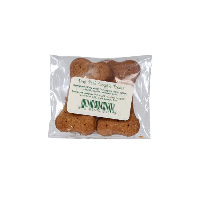 A clear plastic bag of Waggies 2-Pack Dog Treats by Waggies by Maggie & Friends Inc contains several bone-shaped, all-natural treats. A white label on the front lists ingredients and displays a barcode. The background is plain white.