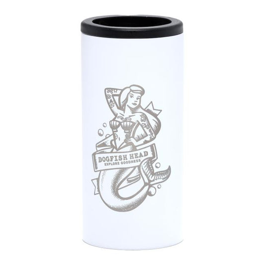 The White Mermaid Slim Can Insulator from Arrasmith Promotions LLC is a white can cooler with a black rim, featuring a gray mermaid holding a beer mug and a "Dogfish Head Explore Goodness" banner—perfect for keeping slim cans cold.