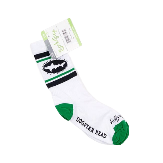 White socks that are green at the toes and heel. The body of the sock features a thick black line followed by a thin green one, the Dogfish Head shark and shield logo and followed by  the black and green lines again.
