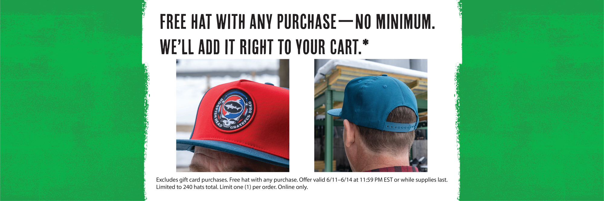 Promotional banner for free hat with purchase offer on a green background