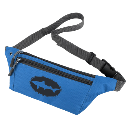 Blue fanny pack with black Dogfish Head logo. 