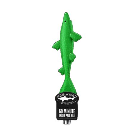 Green shark tap handle features black base with Dogfish Head shark and shield logo and writing "60 Minute India Pale Ale" on it.