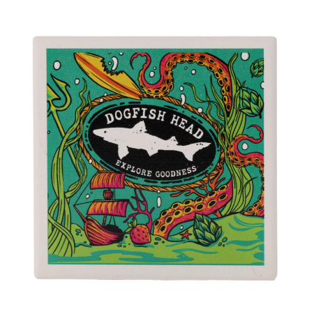 Square ceramic coaster depicting small images of a ship, surfboard, and trident.