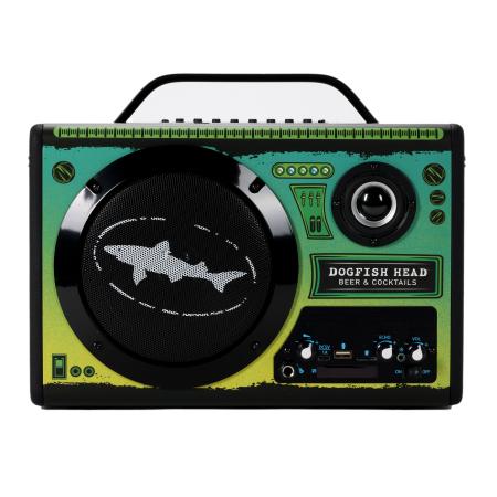 Front view showing off all the controls of the green-yellow ombre speaker.