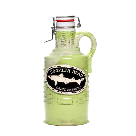 Front view of citrus green ceramic growler with Dogfish Head logo centered on the growler.