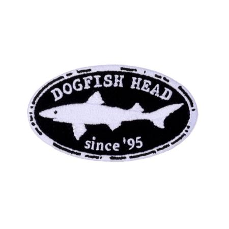 Black and white Dogfish Head shark logo, with writing since '95 patch. 