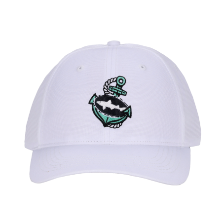Front view of white hat with small green anchor with dogfish logo in it. 