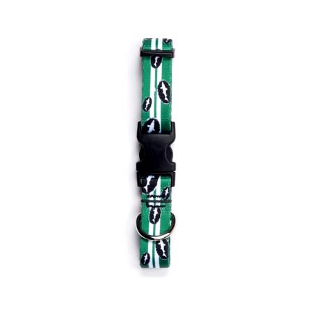 Green dog collar covered in small white silhouettes of Dogfish shark.