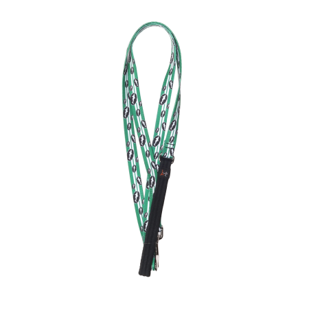 Green six-foot dog leash covered in small white silhouettes of Dogfish shark.