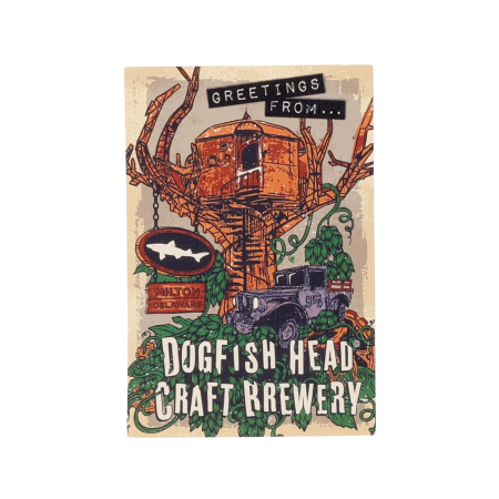 Greetings from Dogfish Head Craft Brewery postcard. Treehouse graphic with Milton Delaware sign.