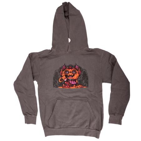 Front view of hoodie with orange punkin imagery. 