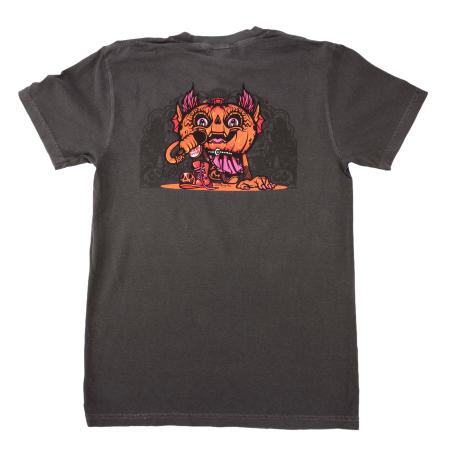 Back view of tee featuring orange pumpkin artwork. 