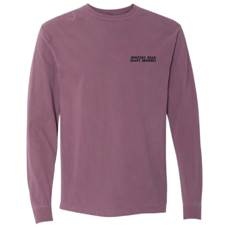 Front view of berry long sleeve featuring writing "Dogfish Head Craft Brewery" in black on the left side of chest.