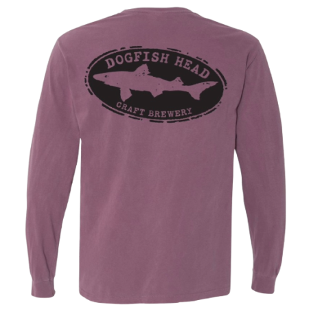Back view of berry long sleeve featuring black Dogfish Head shark and shield logo.