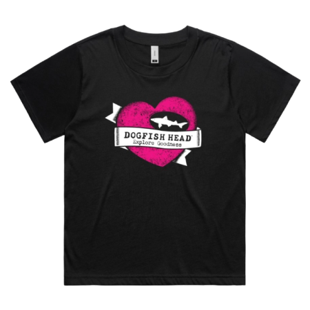 Front view of black tee features a pink heart with a small Dogfish Head shark and shield logo on the top left along with a ribbon going through it with writing "Dogfish Head Explore Goodness".