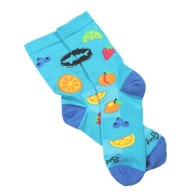 Pair of bright blue Dogfish Head socks with colorful fruit designs including orange slices, lemon wedges, strawberries, mangoes, and blueberries, with darker blue heels and toes.