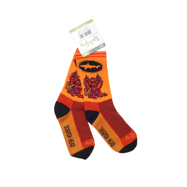 Orange tube socks with Dogfish Head Shark & Sheild logo, this year's punkin graphics. Black heel and toe. 