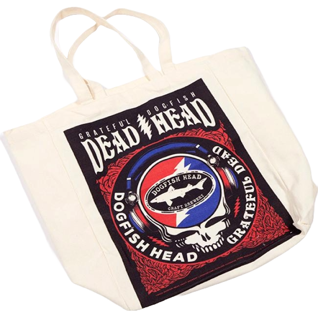 Front image of Dogfish Head x Grateful Dead tote bag. Large graphic with Grateful Dogfish Dead Head logo at top with red blue skull shark and shield art work.