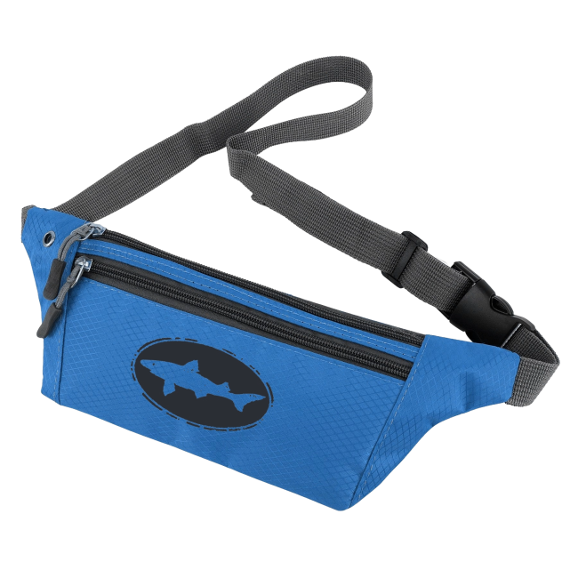 Blue fanny pack with black Dogfish Head logo.