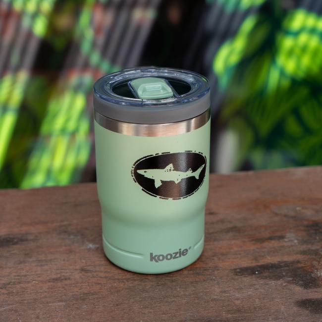 Sage green 12oz Koozie® insulated can cooler with a black Dogfish Head shark logo and clear plastic slide-top lid.