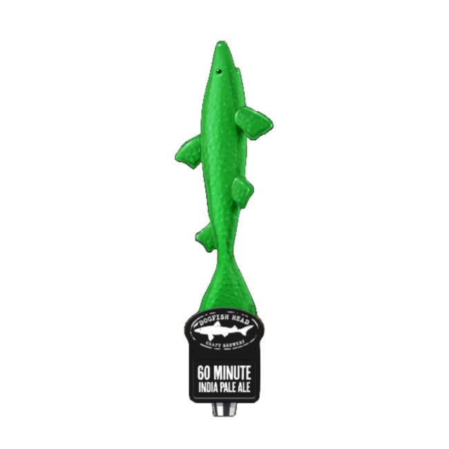 Green shark tap handle features black base with Dogfish Head shark and shield logo and writing 