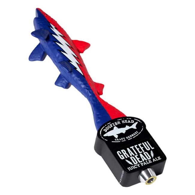 Dogfish Head Shark Tap handle, red and blue featuring Grateful Dead lightening bolt, text and Shark & Shield logo.