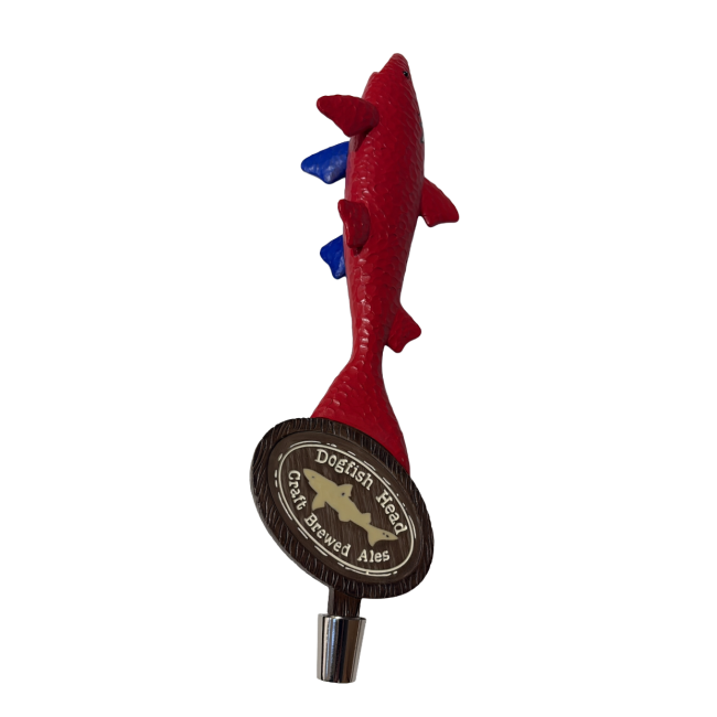 Blue and red shark shark shaped tap handle. Image shows red side with wooden style circular Dogfish Head shark and shield logo.
