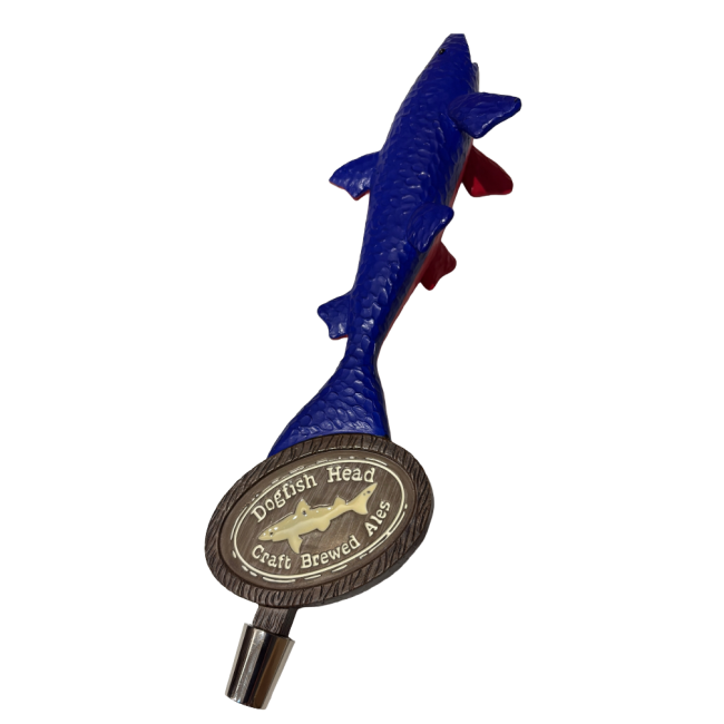 Blue and red shark shark shaped tap handle. Image shows blue side with circular wooden style Dogfish Head shark and shield logo.