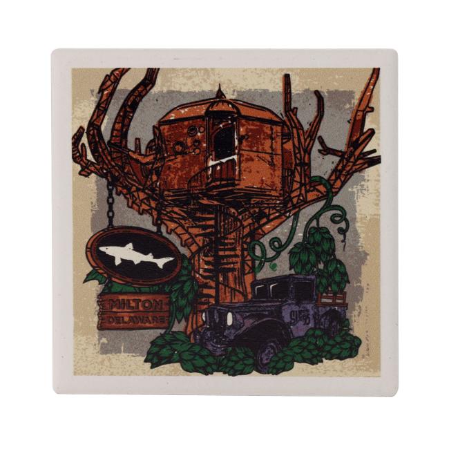 Front image of coaster with truck and treehouse graphic.