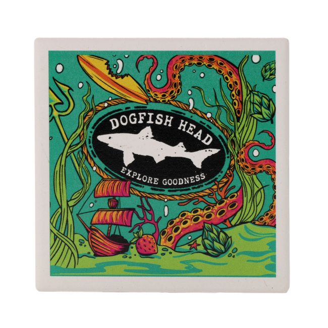 Square ceramic coaster depicting small images of a ship, surfboard, and trident.