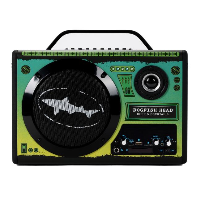 Front view showing off all the controls of the green-yellow ombre speaker.