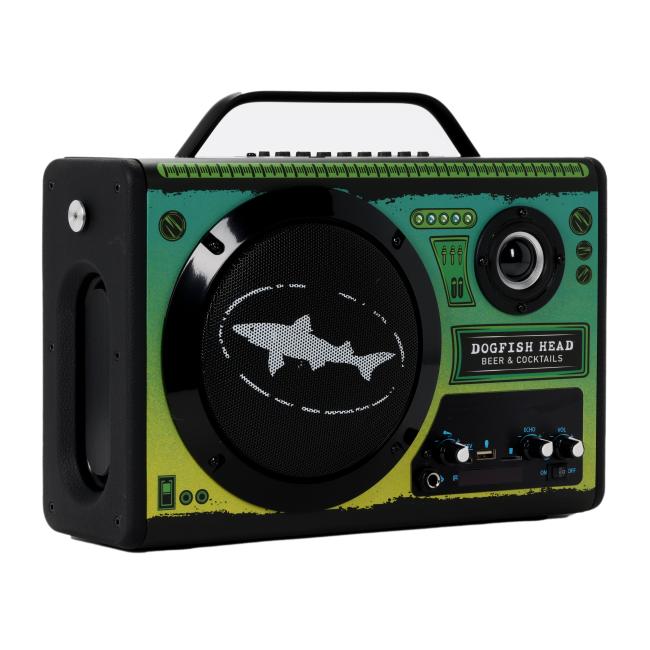 Side view of front of speaker showing width of the boombox and controls.