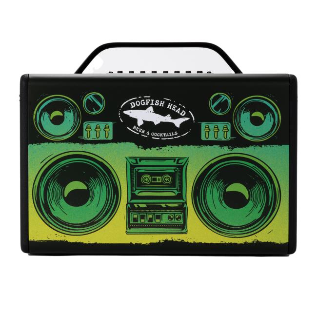 Back view of speaker showing off the old school artwork vibe maintaining the green-yellow ombre.