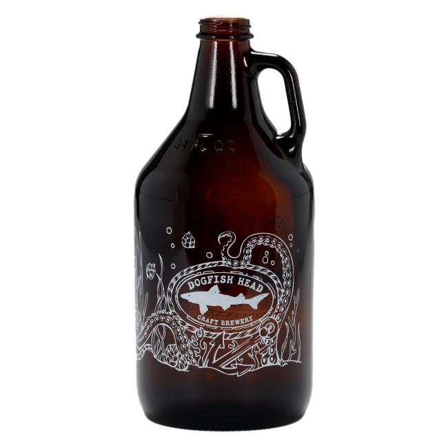 Glass amber growler sixty four ounces with white line under the sea inspired drawing and Dogfish Head Logo