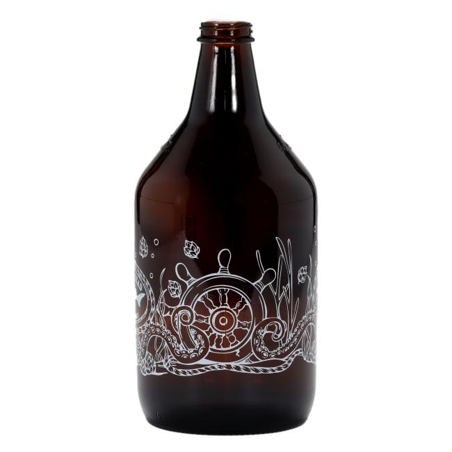 Glass amber growler sixty four ounces with white line under the sea inspired drawing and Dogfish Head Logo