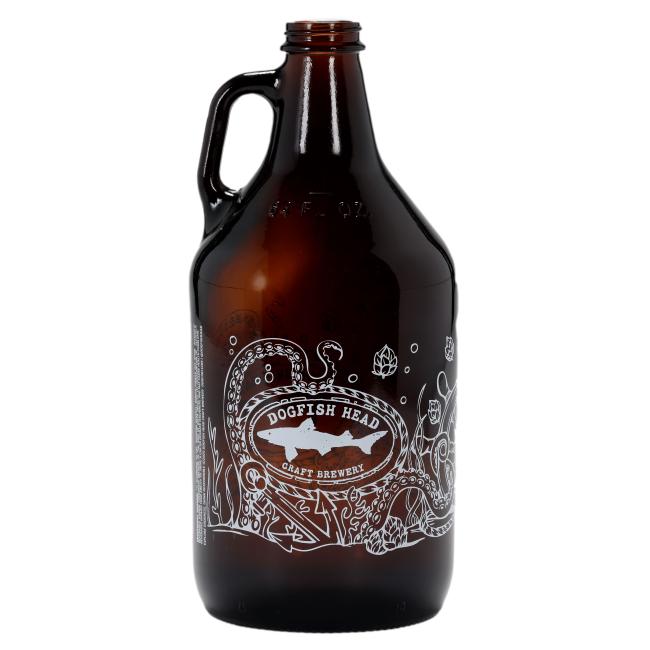 Glass amber growler sixty four ounces with white line under the sea inspired drawing and Dogfish Head Logo