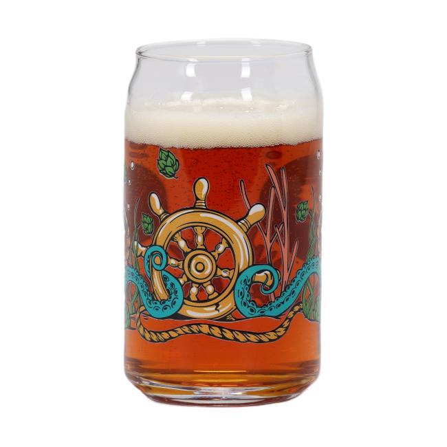 Back of the filled Dogfish Head glass showcasing a ship wheel, seaweed, and hop cone details wrapped in octopus tentacles.