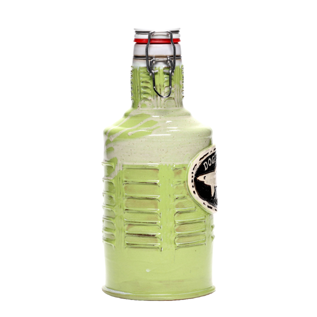 Side view of citrus green ceramic growler.