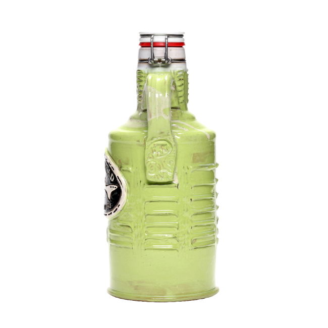 Handle side view of citrus green ceramic growler.