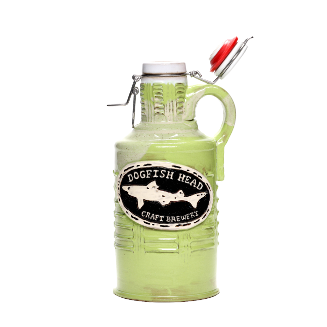Front view of citrus green ceramic growler showing opened hinge top.